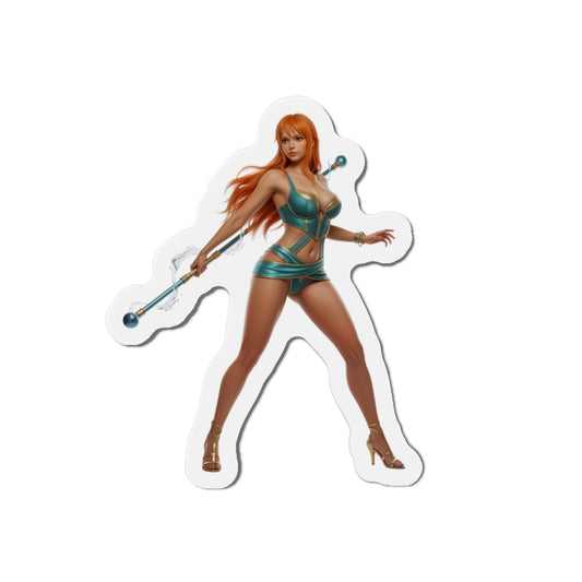 Nami Magnet – One Piece Anime Heroine Fridge Magnet, Pirate Decor: die-cut vinyl fridge magnet showing confident Nami in teal outfit with staff