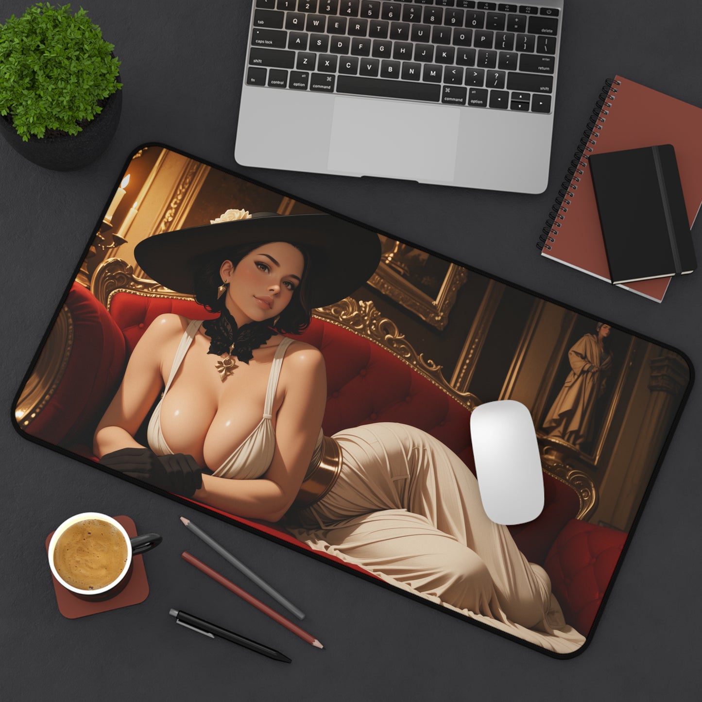 Schreibtischunterlage Lady Dimitrescu, Mauspad mit Gothic-Spiel-Bösewicht, Schreibtisch-Setup im Dark-Fantasy-Stil