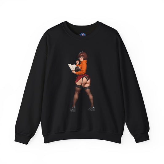 Velma Sweatshirt, Scooby-Doo Crewneck, Cozy Anime-Style Fandom Apparel for Fans & Collectors - black crewneck with anime-style Velma graphic