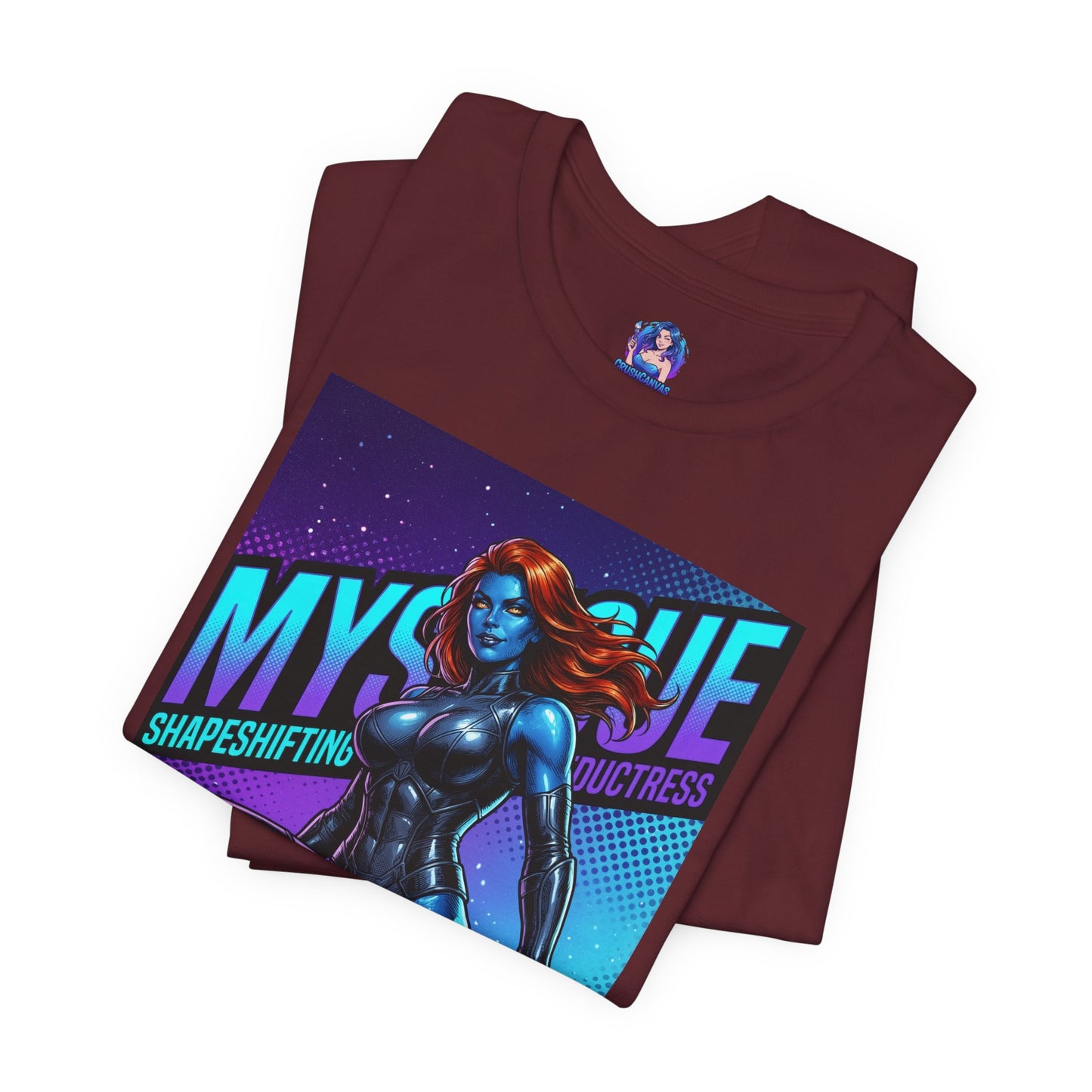 Mystique T-Shirt | Marvel X-Men Anime Tee for Gamers & Fans folded burgundy tee with stylized blue Mystique illustration