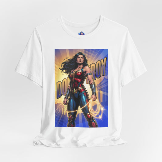 Donna Troy T-Shirt | DC Comics Anime Tee for Gamers & Fans - white Bella Canvas tee with Donna Troy in Amazon armor holding glowing lasso