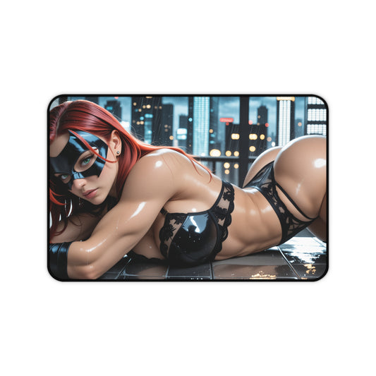 Batgirl Gaming Mouse Pad, Superhero Desk Mat, Comic Heroine Gaming Setup featuring stylized reclining Batgirl artwork on glossy city rooftop
