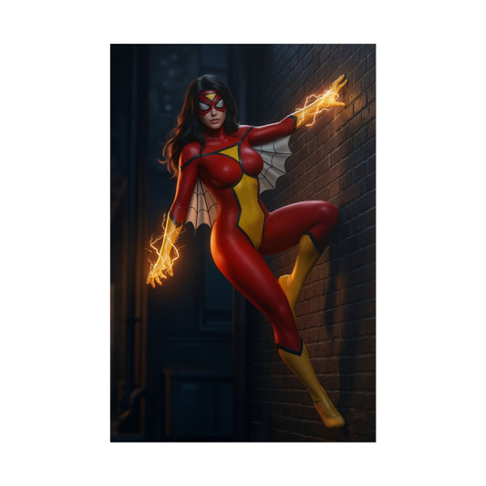 Spider-Woman Poster, Marvel Comics Art Print, Iconic Superhero Wall Decor – dynamic Spider-Woman in red-yellow suit with web wings and electric blasts, perfect for gaming rooms