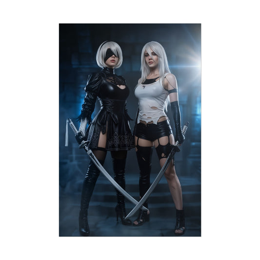 A2 and 2B Poster, NieR Automata Art Print – Iconic Android Duo Wall Art featuring two cosplayers with swords in dramatic lighting