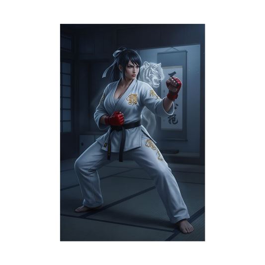 Kazumi Mishima Poster, Tekken Art Print – Iconic Fighting Game Heroine in white gi martial arts pose with tiger embroidery and dramatic dojo lighting