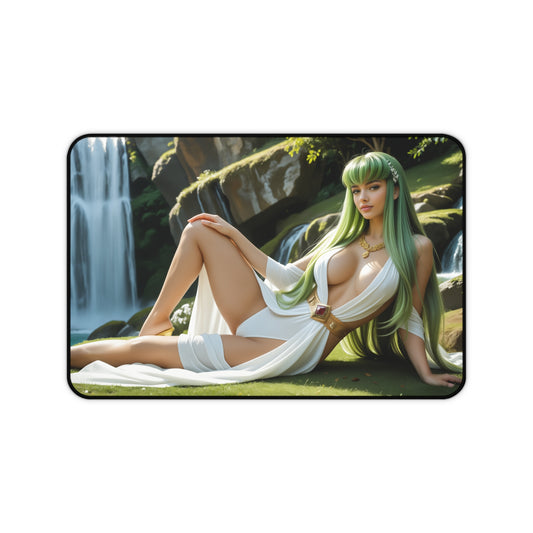 C.C. Desk Mat, Code Geass Mouse Pad, Anime Girl Desk Setup Decor featuring reclining C.C. art with waterfall background, stitched edges, non-slip base