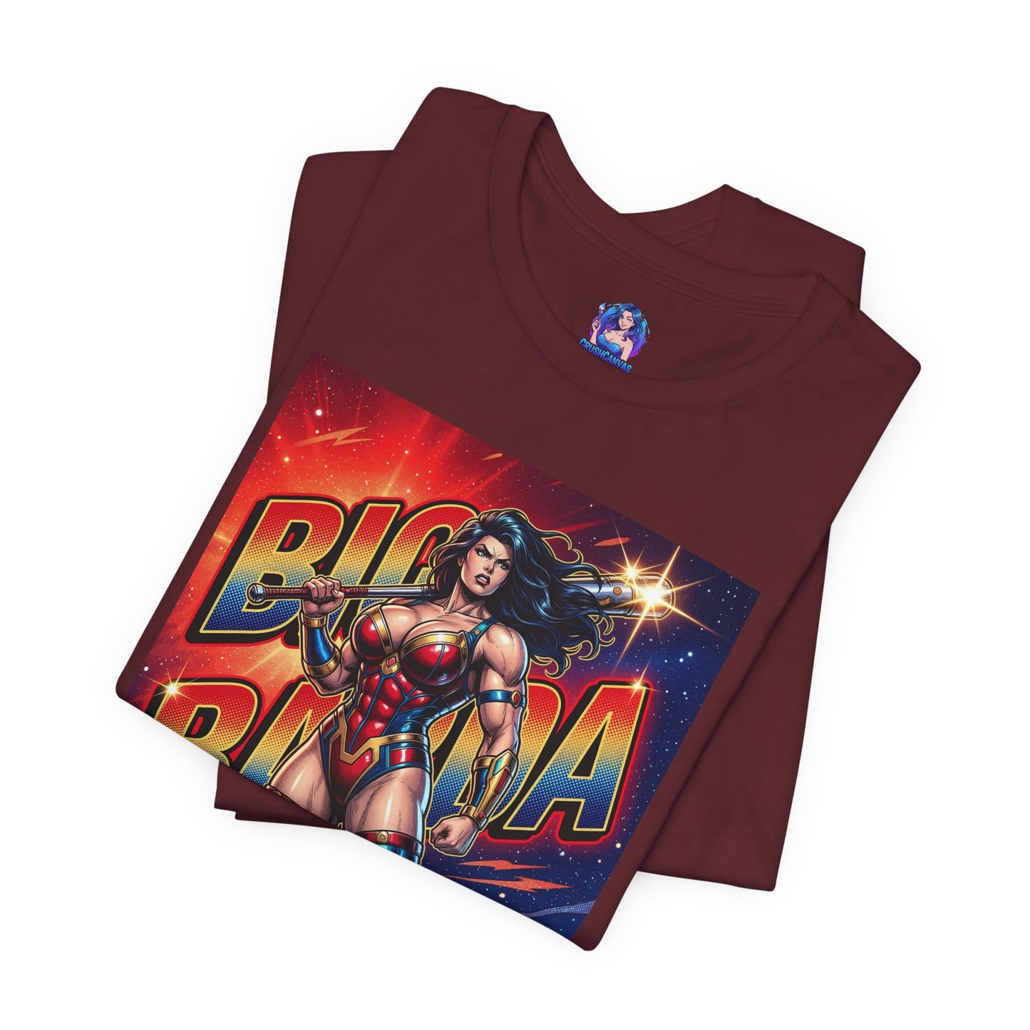 Big Barda T-Shirt | DC Comics Anime Tee for Gamers & Fans folded maroon Bella Canvas tee with bold comic Big Barda art and cosmic backdrop