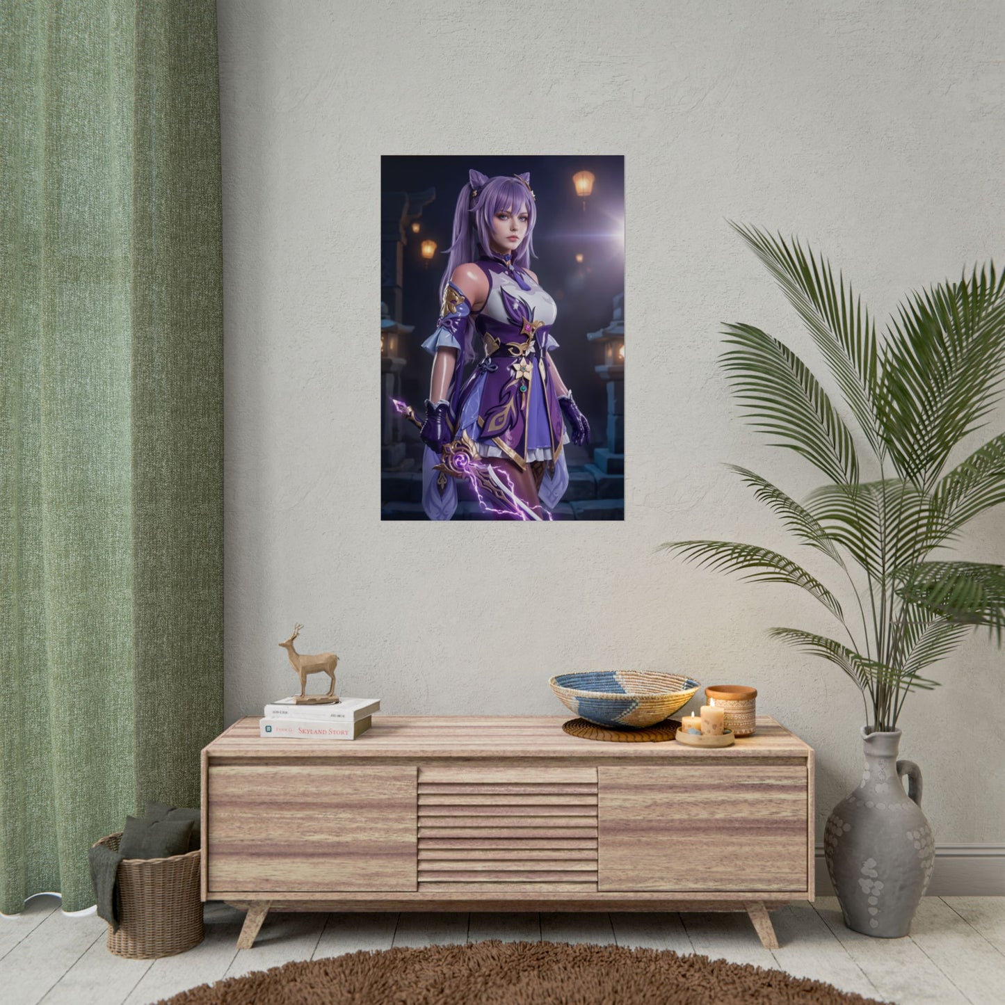 Keqing Poster, Genshin Impact Art Print – Iconic Electro Heroine Wall Art hung above modern gamer room console, purple Electro sword heroine art