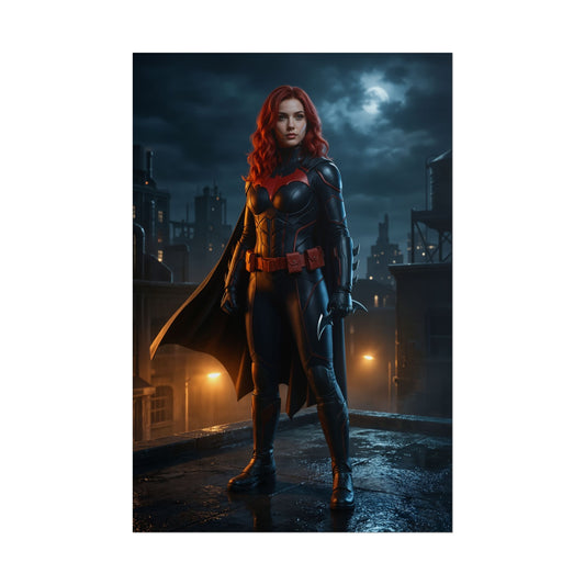 Batwoman Poster, DC Comics Art Print, Iconic Gotham Hero Wall Decor - dramatic Batwoman silhouette on rooftop at night in Gotham city