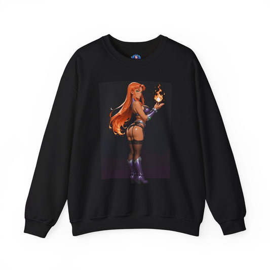 Starfire Sweatshirt, Teen Titans Crewneck, Vibrant Superhero Apparel for Collectors - black crewneck with vivid Starfire art and fiery hair