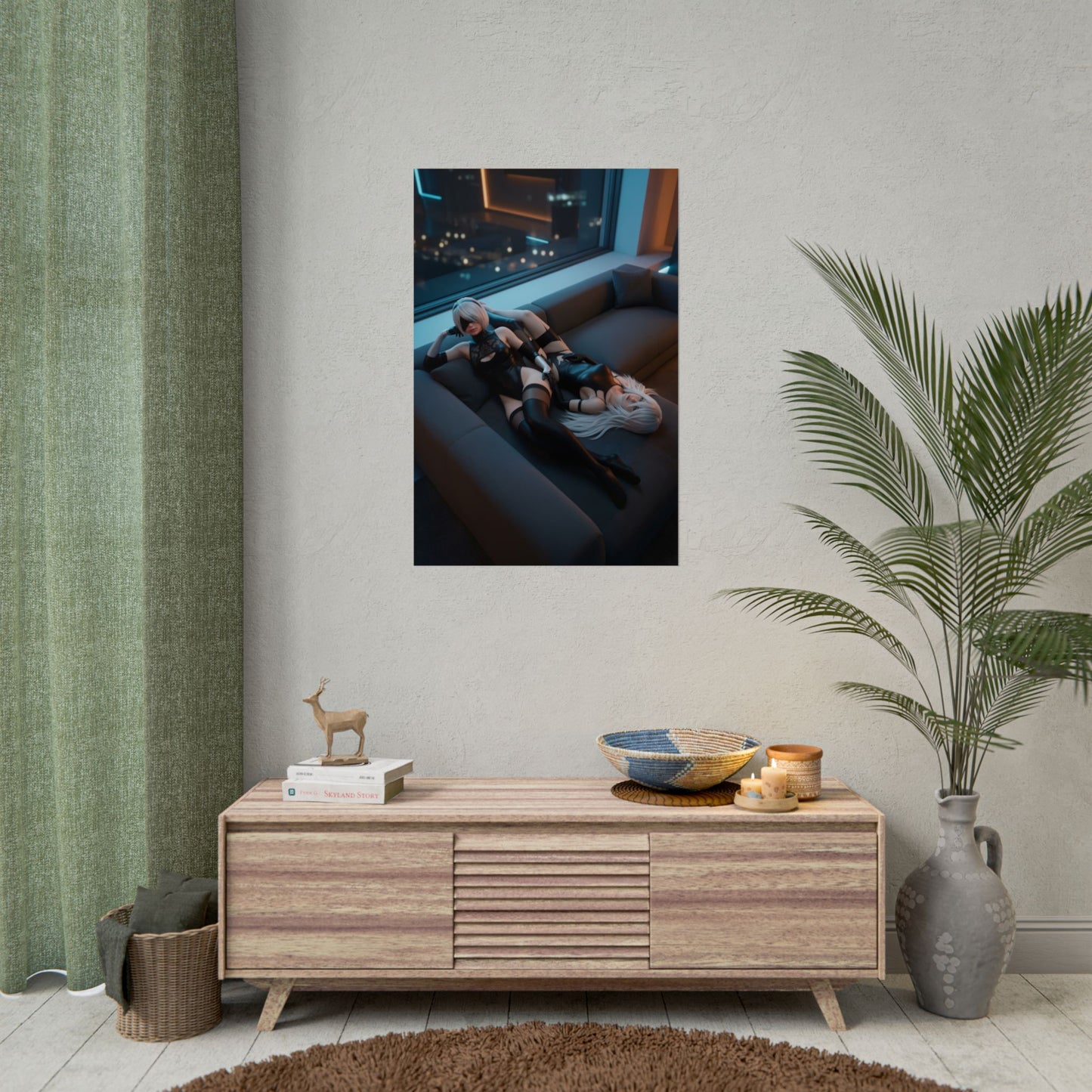 2B and A2 Poster, NieR Automata Art Print – Iconic Android Duo Wall Art showing 2B and A2 reclining on couch in moody city-window scene