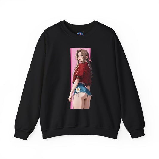 Aerith Gainsborough Sweatshirt, FFVII Crewneck, Cozy Fantasy Gaming Apparel for Fans - black crewneck with pink-styled Aerith illustration