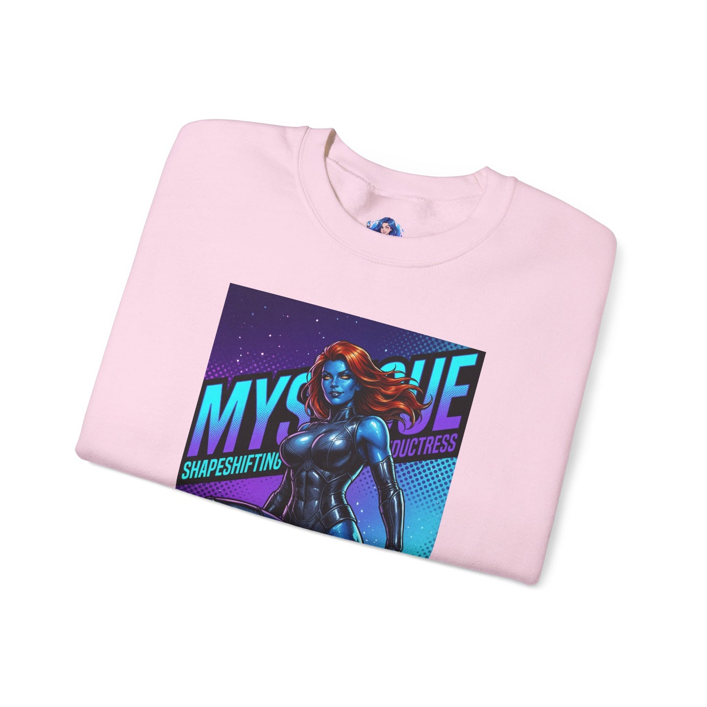 Mystique Sweatshirt, Marvel Crewneck, Shapeshifting Villain Fan Apparel - pink crewneck with blue-skinned Mystique graphic and red hair