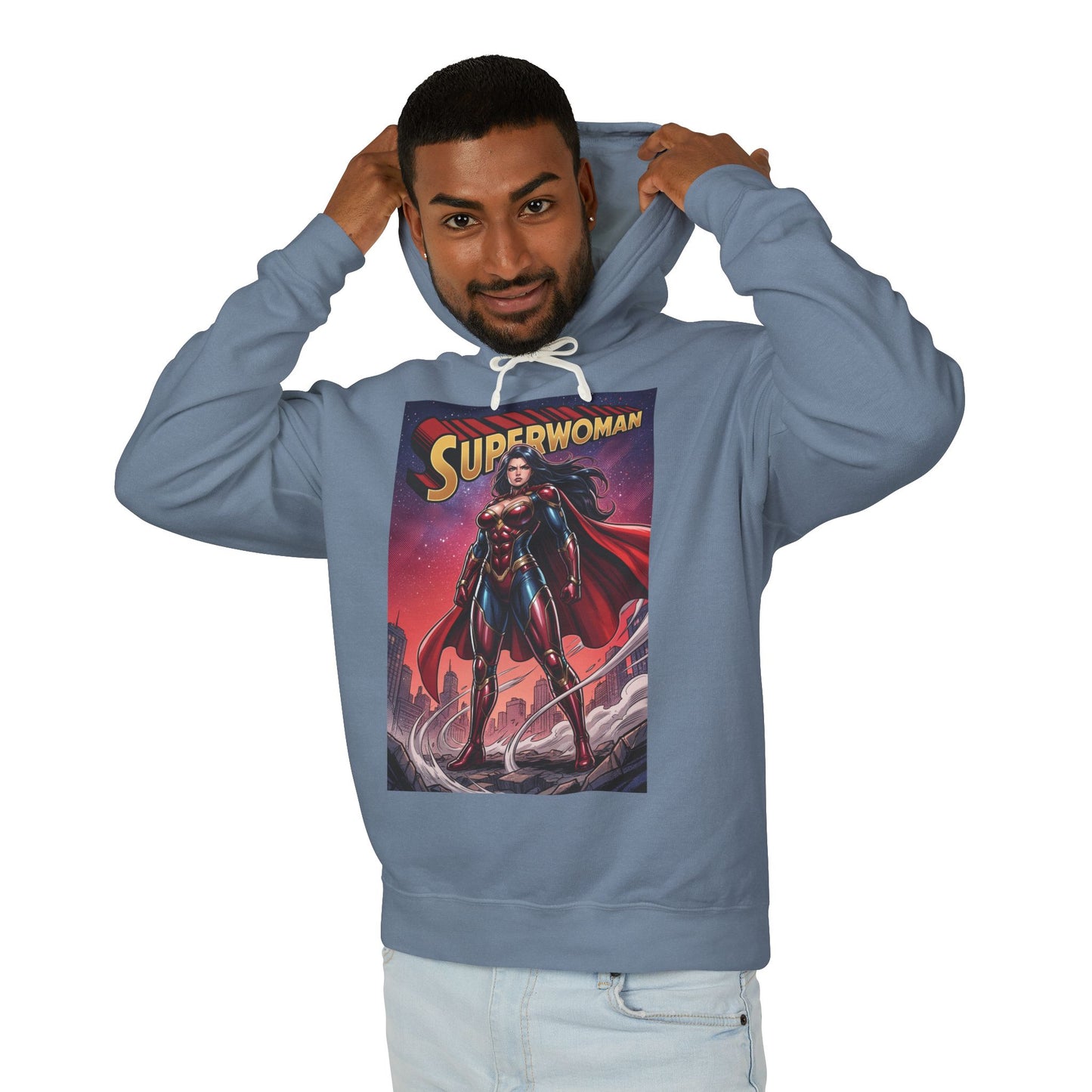 Superwoman Hoodie | DC Superhero Hoodie | Power Unleashed Pullover - man modeling blue hoodie with bold Superwoman comic art, breathable cotton streetwear