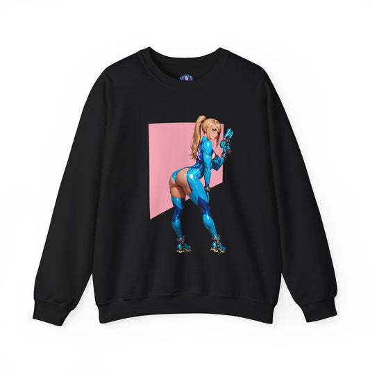 Samus Aran Sweatshirt, Galactic Hunter Crewneck, Cozy Gaming Apparel for Everyday Wear - black crewneck with stylized Samus helmet visor and anime-inspired armor illustration