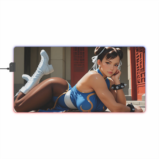 Chun-Li Desk Mat – LED RGB Pad, Waifu Anime Girl Gaming Setup showcasing Chun-Li reclining pose on RGB desk mat with smooth precision-cloth surface