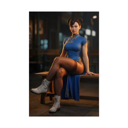Chun-Li Poster, Street Fighter Art Print – Iconic Arcade Fighter Gift: realistic Chun-Li art print seated in blue qipao, gaming room wall decor