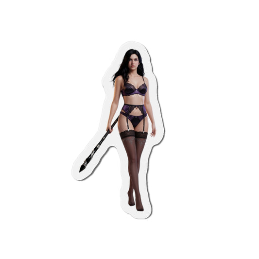 Yennefer Magnet – Fantasy Sorceress Fridge Magnet, Anime Style Decor, die-cut vinyl magnet showing sorceress in purple outfit with staff