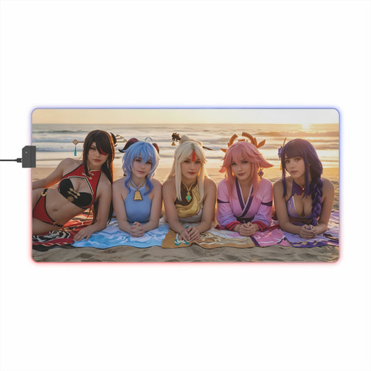 Genshin Impact Girls Desk Mat – LED RGB Pad, Waifu Anime Girl Setup with five cosplayers on beach sunset LED border