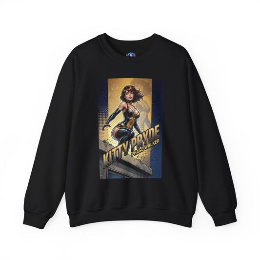 Kitty Pryde Sweatshirt, Marvel Crewneck, Phase Walker Superhero Apparel — black crewneck with comic-style Kitty Pryde art in black-and-gold suit