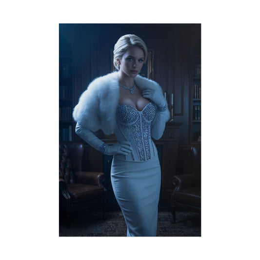 Emma Frost Poster, Marvel Art Print – Iconic Mutant Heroine Wall Art: elegant Emma Frost in white fur and corset, high-res comic art for collectors