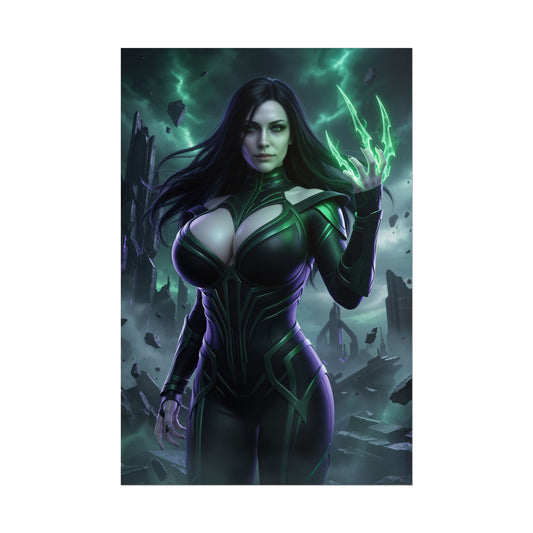 Hela Poster, Marvel Art Print – Goddess of Death Wall Art showing fierce Hela in dark green armor with glowing green energy, dramatic fantasy villain poster