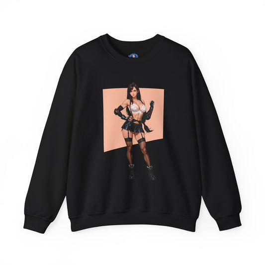 Tifa Lockhart Sweatshirt, Fighter Crewneck, Cozy RPG Gaming Apparel featuring high-contrast illustration of Tifa with long hair and confident fighter pose on black crewneck