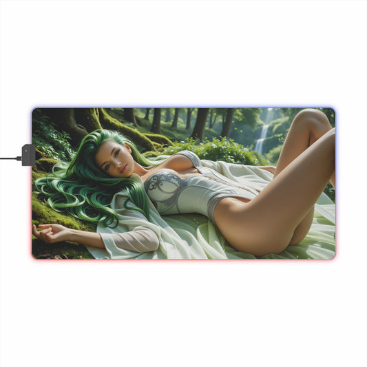 C.C Desk Mat – LED RGB Pad, Waifu Anime Girl Gaming Setup showcasing serene green‑haired waifu reclining in forest with RGB border and precision cloth surface