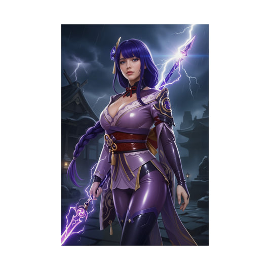Alt Tag: Raiden Shogun Poster, Genshin Impact Art Print – Iconic Electro Archon — dramatic character portrait with lightning spear for gamer and anime room decor