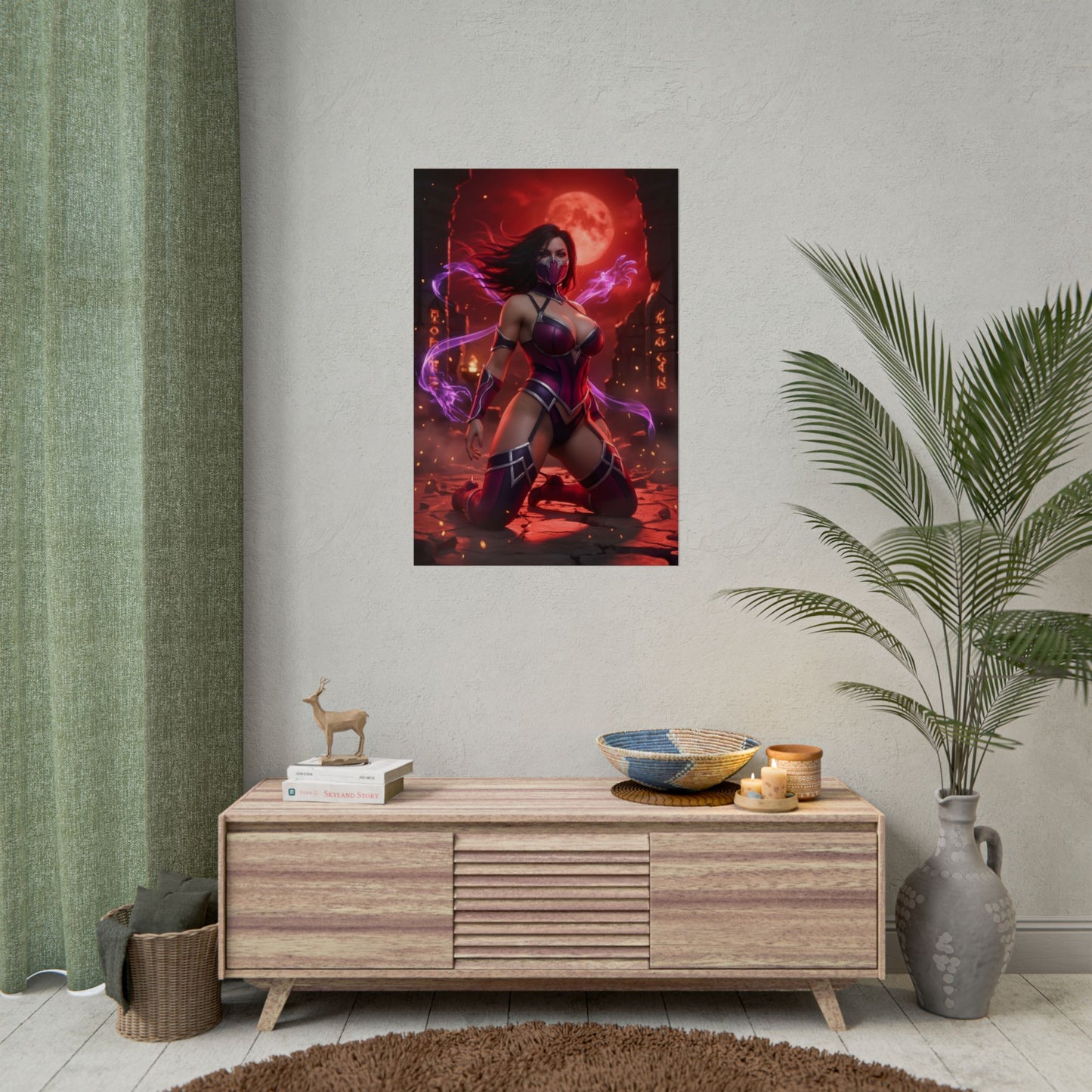 Mileena Poster / Mileena Wall Art / Mileena Art Print / Mortal Kombat Poster - crimson-lit fierce Mileena with swirling energy