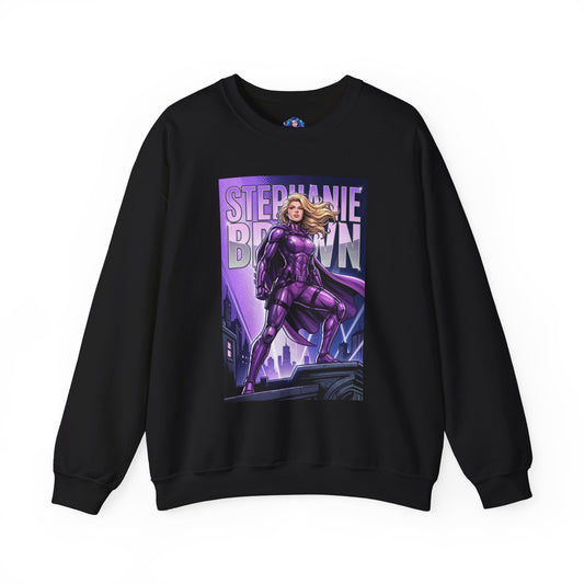 Stephanie Brown Sweatshirt, DC Comics Art Print Style, Premium Hero Apparel - black crewneck with purple Stephanie Brown rooftop art