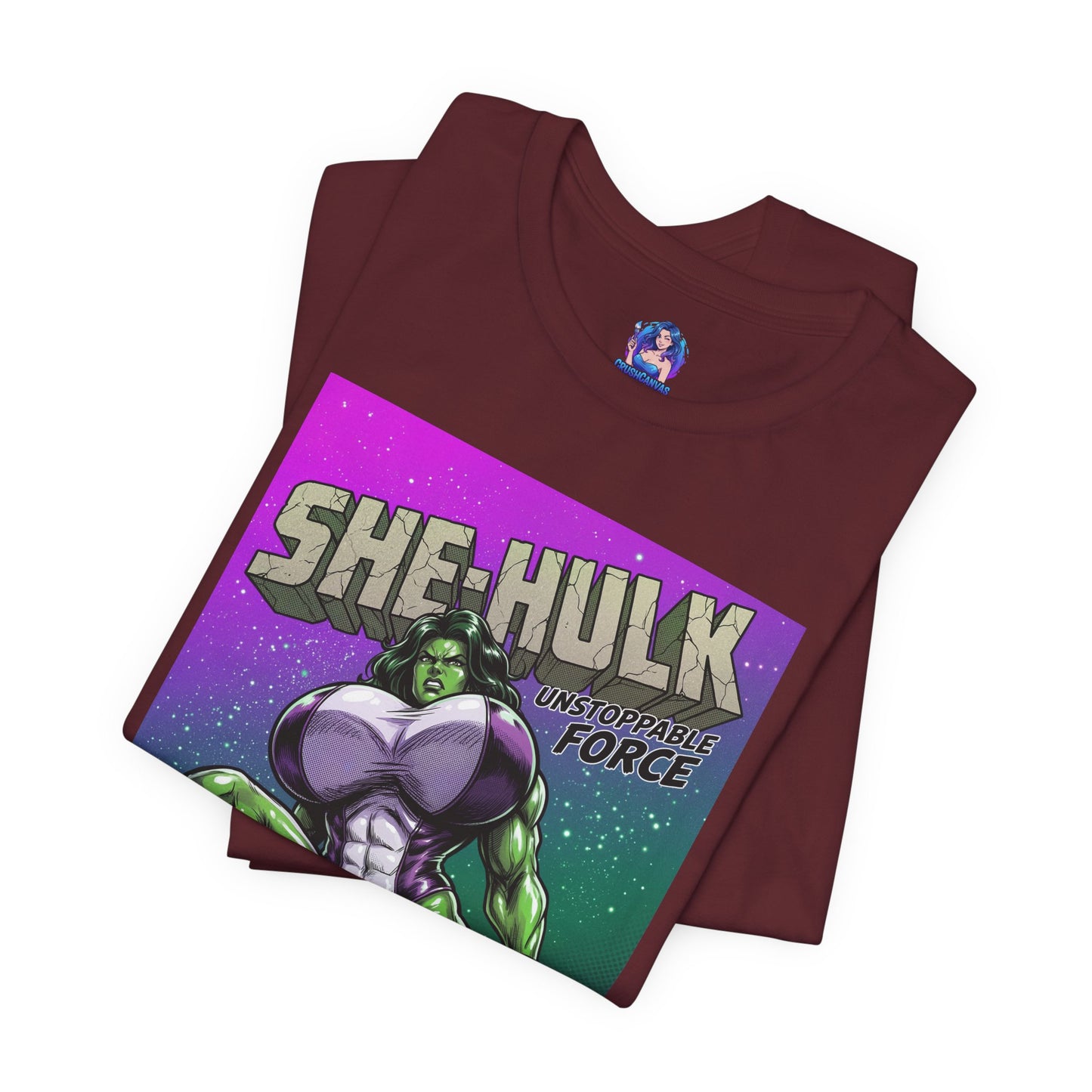 She-Hulk T-Shirt | Marvel Comic Heroine Anime Tee folded maroon tee with comic-style She-Hulk 'Unstoppable Force' graphic on Bella Canvas 3001