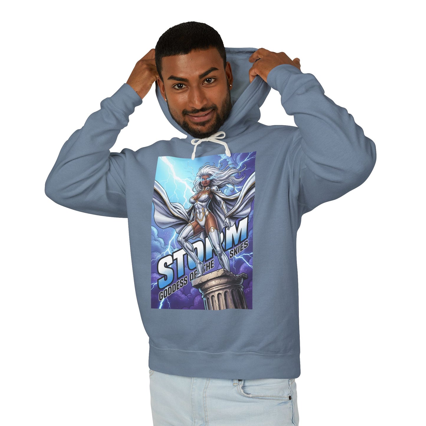 Storm Hoodie | Marvel Superhero Hoodie | Goddess of the Skies Pullover - male model wearing blue Storm hoodie with goddess artwork, lightweight cotton