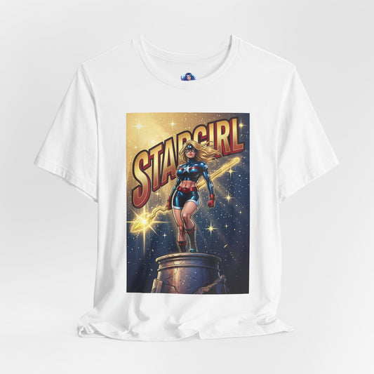 Alt Tag: Stargirl T-Shirt | DC Comics Anime Superhero Tee featuring Stargirl atop a column with cosmic staff and starry background on Bella Canvas 3001