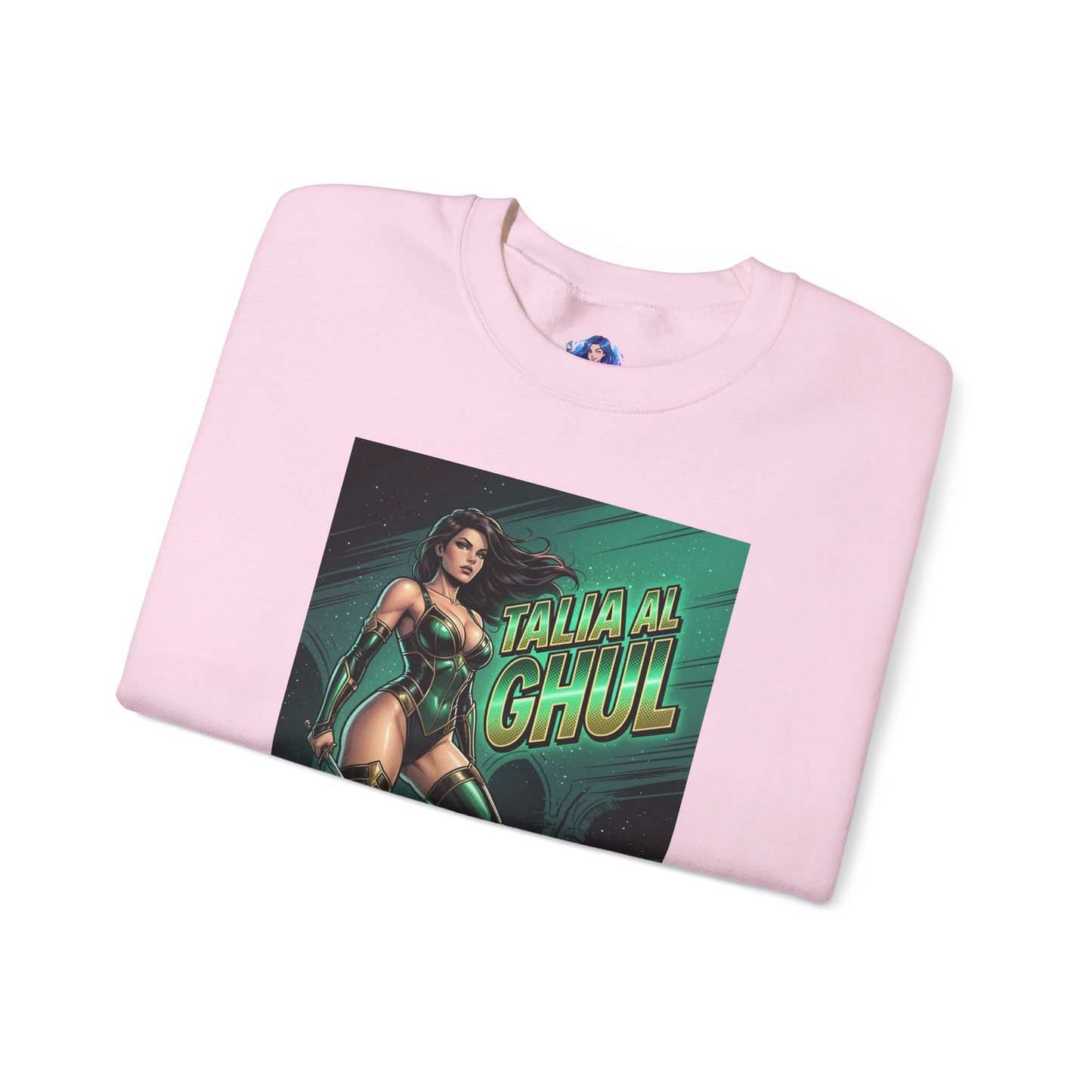 Talia al Ghul Sweatshirt, DC Comics Character Art, Premium Fan Apparel - pink crewneck with poised Talia al Ghul illustration in green tones
