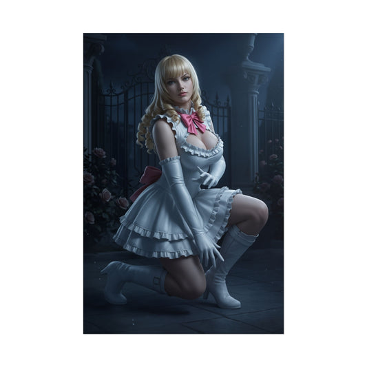 Lili Poster, Tekken Art Print – Iconic Fighting Game Heroine Wall Art featuring elegant blonde heroine in white frilled dress kneeling