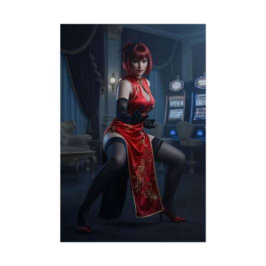 Anna Williams Tekken Poster – Iconic Fighting Game Heroine Wall Art — red cheongsam portrait print for gaming room decor