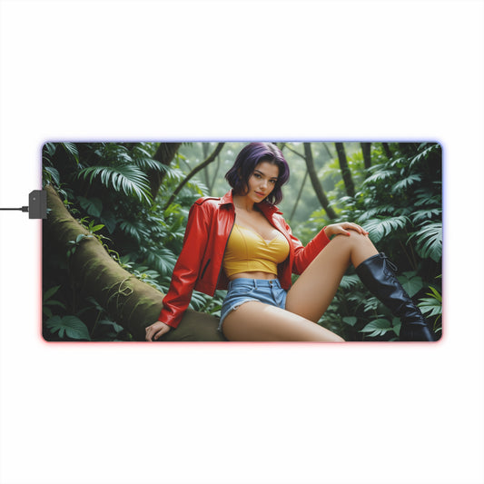 Faye Valentine Desk Mat – LED RGB Pad, Retro Waifu Anime Girl Setup featuring waifu illustration on RGB gaming desk mat