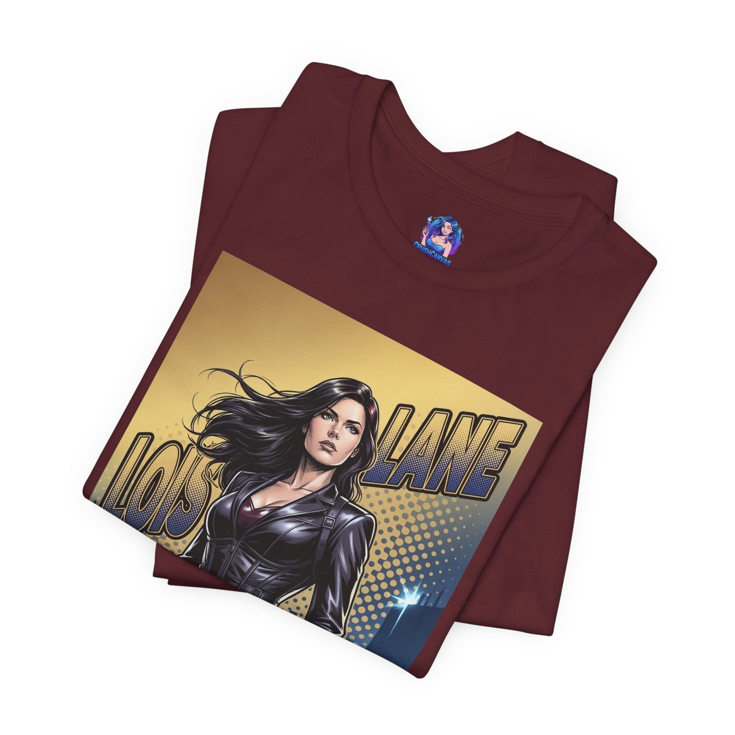 Lois Lane T-Shirt | DC Comics Anime Tee for Gamers & Fans - folded burgundy Bella Canvas tee with comic-style Lois Lane illustration and city backdrop