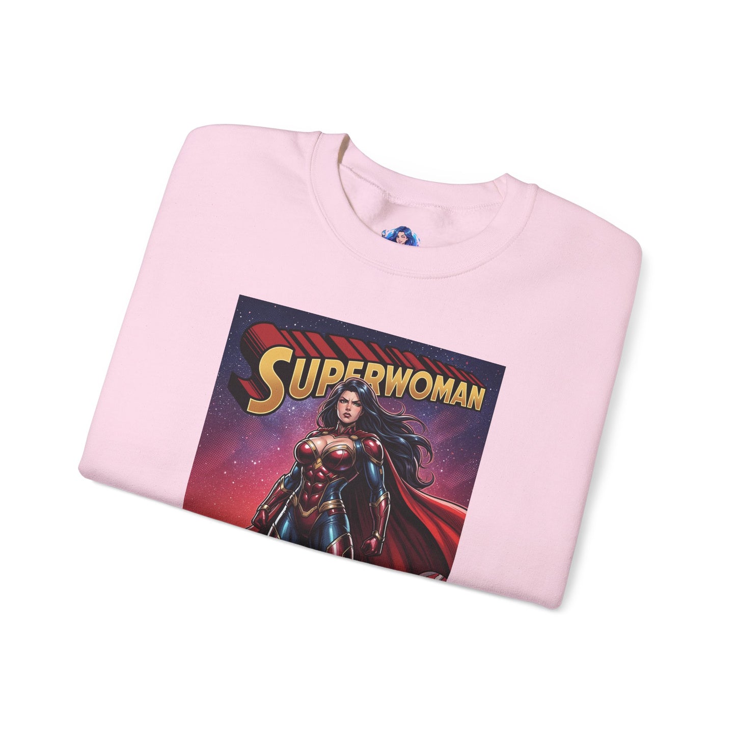 Superwoman Sweatshirt, DC Comics Power Art, Premium Fan Apparel — pink crewneck with armored Superwoman graphic and flowing cape