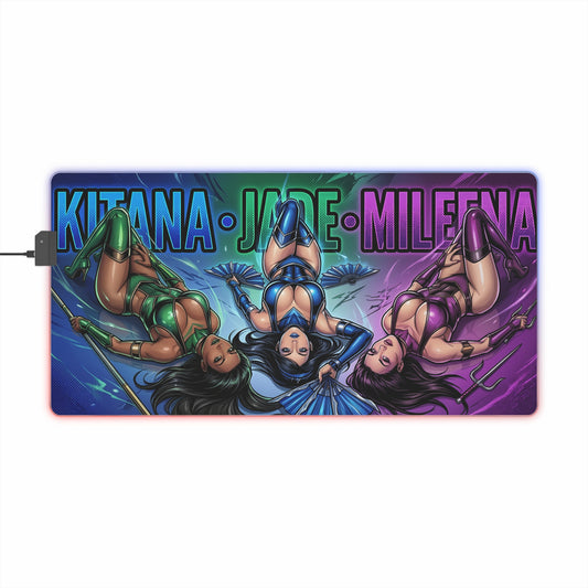 Kitana Jade Mileena RGB Desk Mat, Mortal Kombat Gaming Mouse Pad, LED Desk Mat featuring trio artwork of Kitana Jade and Mileena with RGB lighting