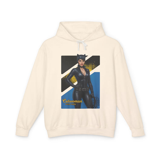 Catwoman Hoodie | DC Comics Hoodie | Anime Gotham Anti-Heroine Pullover - cream pullover with anime-style Catwoman graphic