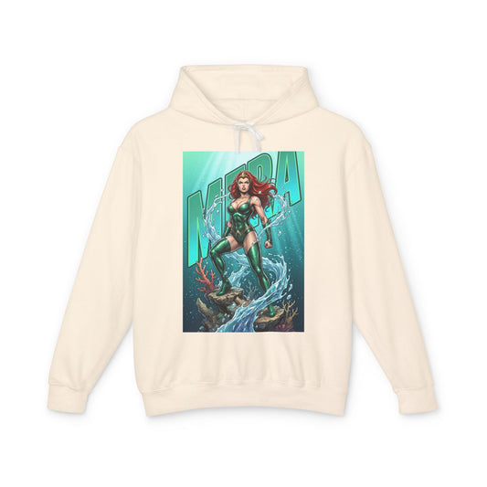 Mera Hoodie | DC Superhero Hoodie | Ocean-Born Warrior Pullover - cream hoodie featuring Mera artwork with trident and underwater scene
