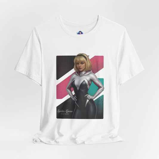 Spider-Gwen T-Shirt | Marvel Anime Tee for Gamers & Superhero Fans - Bella Canvas 3001 white tee showing anime-style Spider-Gwen pose