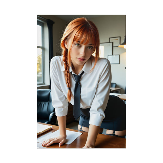 Makima Poster – Iconic Anime Heroine Wall Art for Bedroom or Office Decor, minimalist powerful character print in office scene