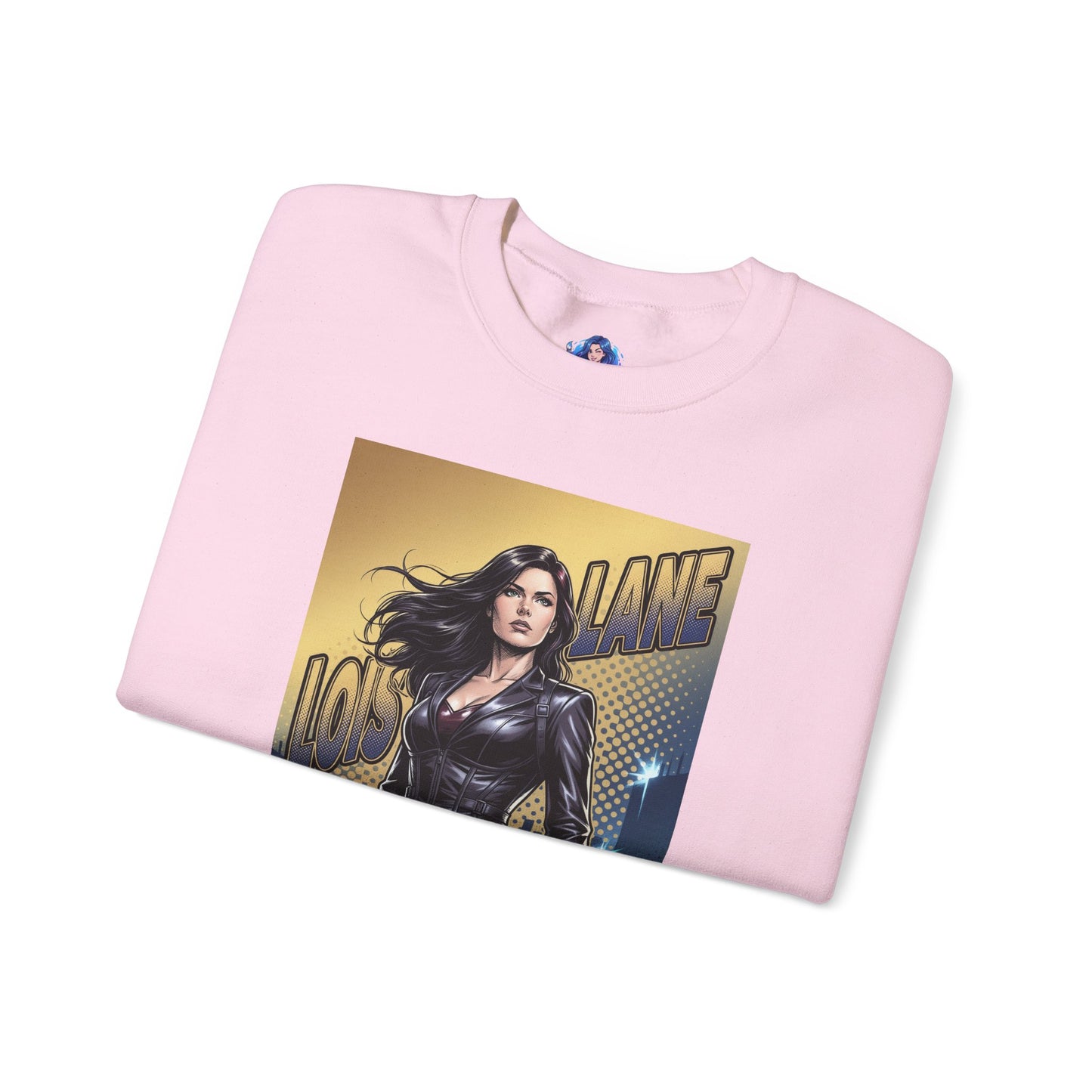 Lois Lane Sweatshirt, DC Comics Character Art, Premium Fan Apparel featuring Lois in confident pose with notebook and microphone on pink crewneck