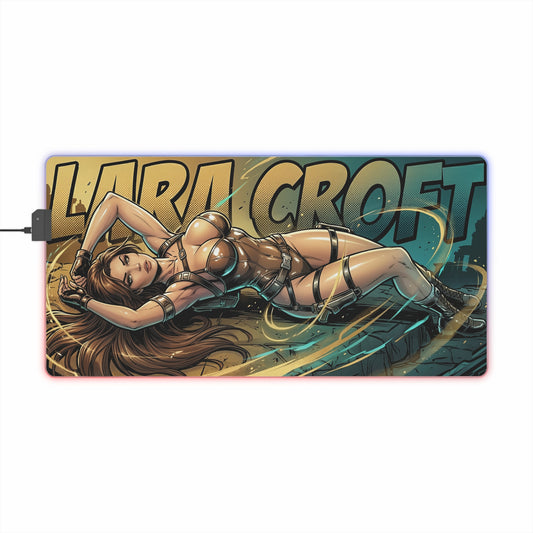 Lara Croft RGB Desk Mat, Adventure Game Gaming Mouse Pad, LED Desk Mat for Gamer Setup with cinematic Lara Croft artwork on RGB illuminated gaming mouse pad