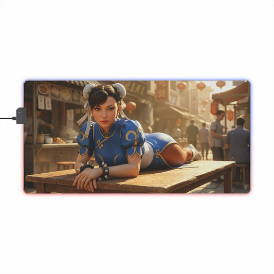 Chun-Li Desk Mat – LED RGB Pad, Waifu Fighter Anime Girl Setup showing Chun-Li pose on RGB gaming desk mat with smooth precision-cloth surface