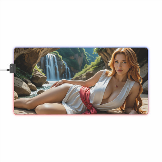 Tsunade Desk Mat – LED RGB Pad, Elegant Waifu Anime Girl Setup showcasing reclining waifu by waterfall, RGB edge, smooth precision-cloth surface