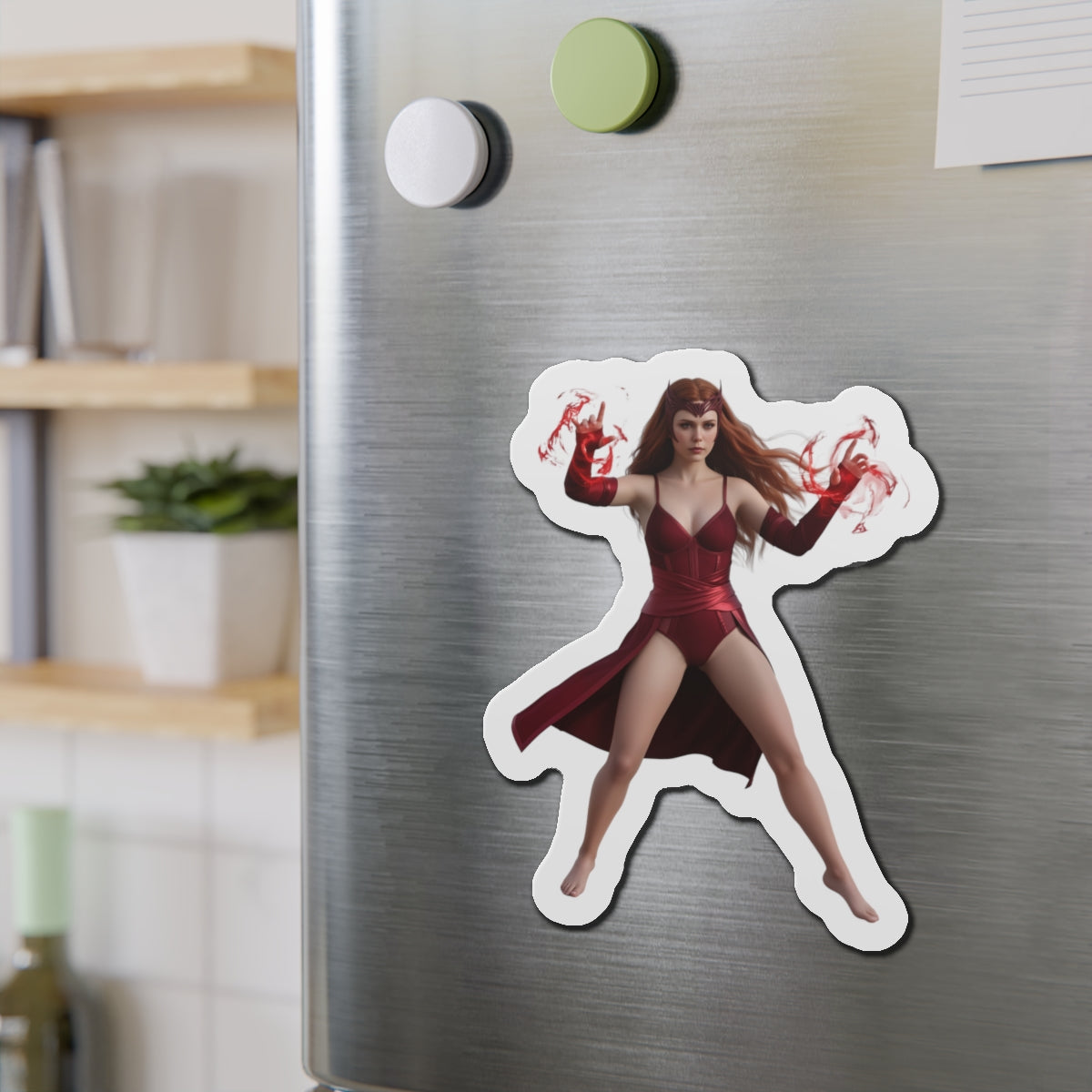 Scarlet Witch Magnet – Marvel Heroine Fridge Magnet, Anime Style Decor - die-cut vinyl anime-style Scarlet Witch fridge magnet